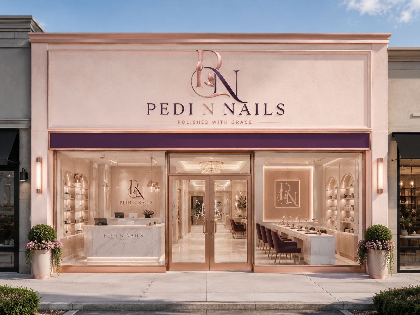 Pedi N Nails storefront with rose-gold facade, glass frontage, and plum brand band