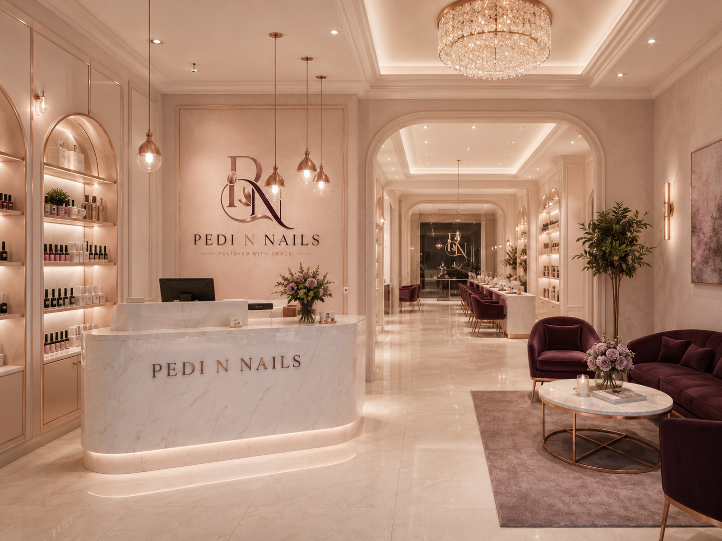 Pedi N Nails luxury salon lobby with marble reception, rose-gold lighting, and plum seating