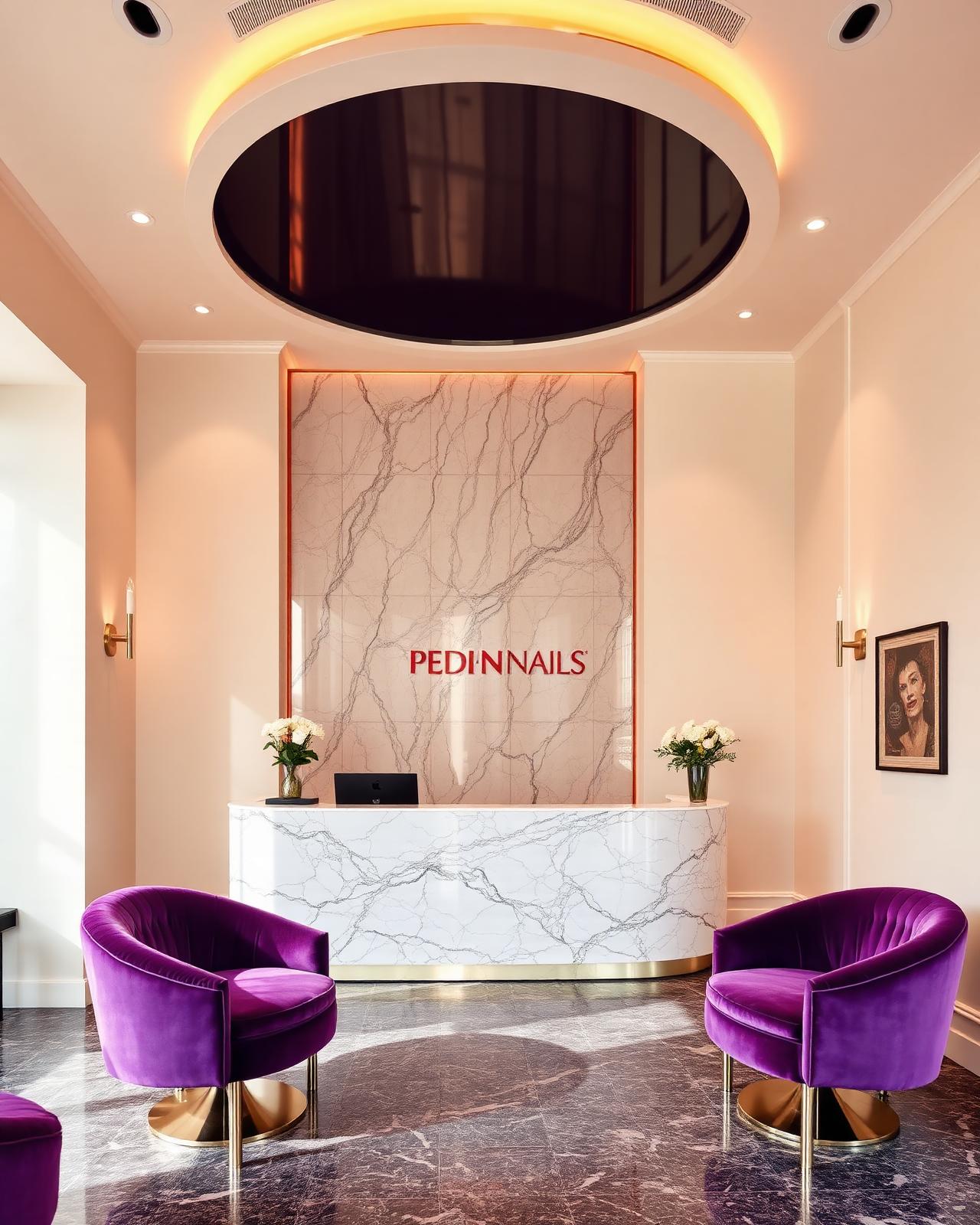 Pedi N Nails luxury salon lobby with marble reception, rose-gold lighting, and plum seating