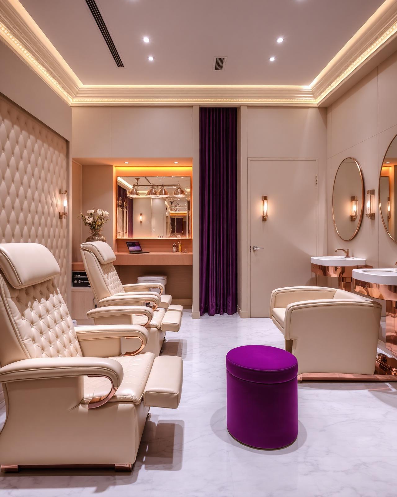 Pedi N Nails pedicure suite with quilted cream chairs, rose-gold basins, and plum accents